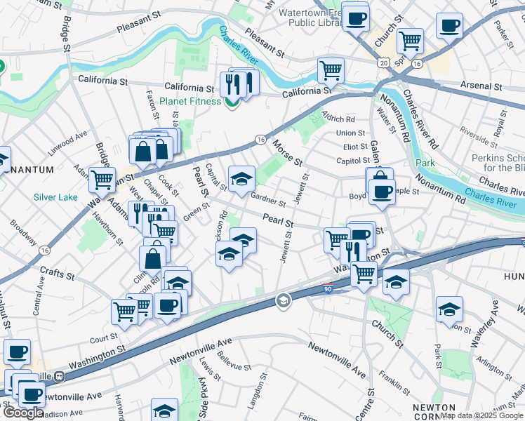 map of restaurants, bars, coffee shops, grocery stores, and more near 93 Waban Park in Newton