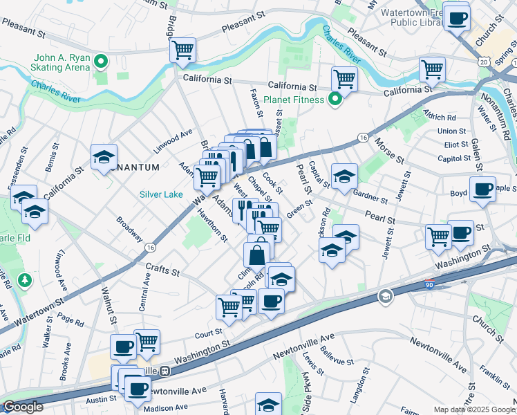 map of restaurants, bars, coffee shops, grocery stores, and more near 79 West Street in Newton