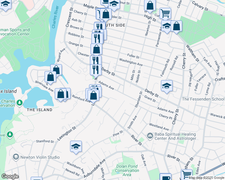 map of restaurants, bars, coffee shops, grocery stores, and more near 62 James Street in Newton