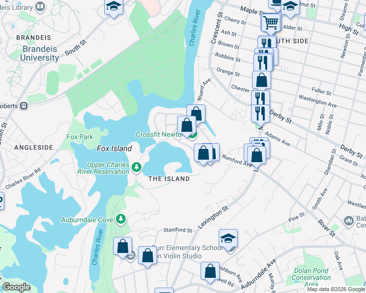 map of restaurants, bars, coffee shops, grocery stores, and more near 195 Riverview Avenue in Waltham