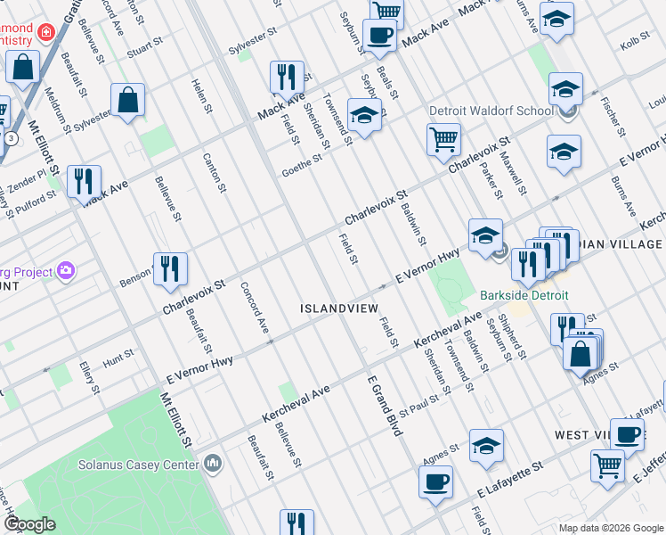 map of restaurants, bars, coffee shops, grocery stores, and more near 528 East Grand Boulevard in Detroit