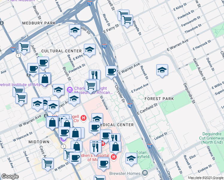 map of restaurants, bars, coffee shops, grocery stores, and more near 4690 Saint Antoine in Detroit
