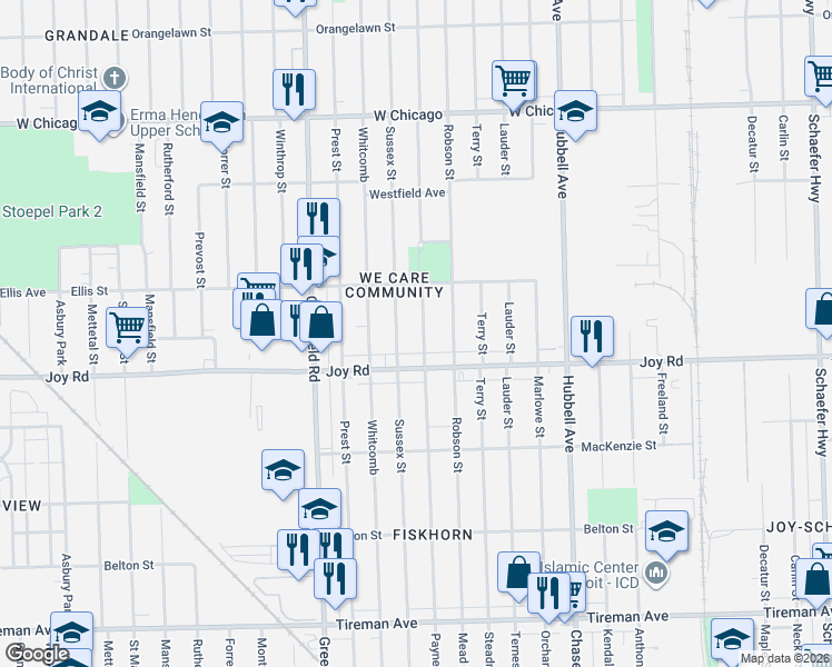 map of restaurants, bars, coffee shops, grocery stores, and more near 15100 Joy Road in Detroit
