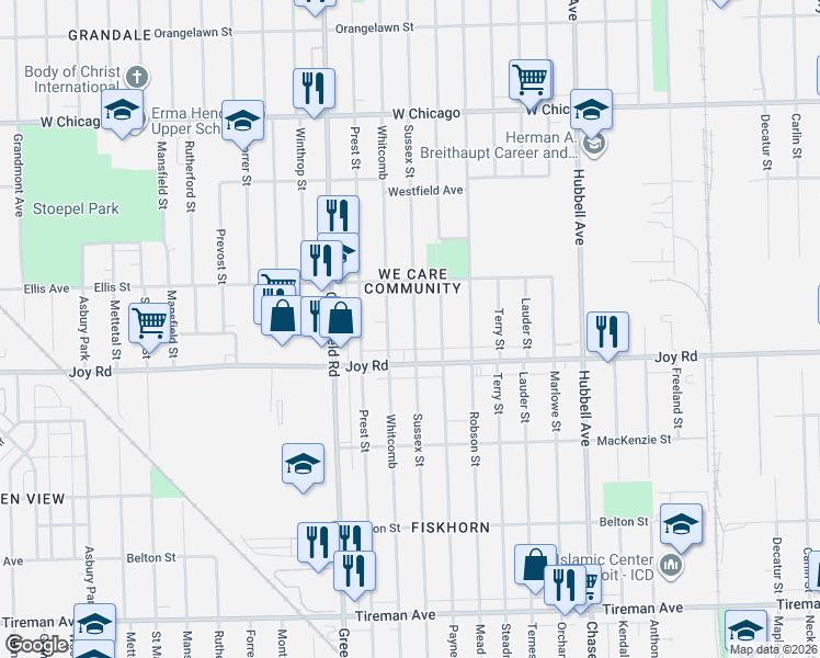 map of restaurants, bars, coffee shops, grocery stores, and more near 15236 Joy Road in Detroit