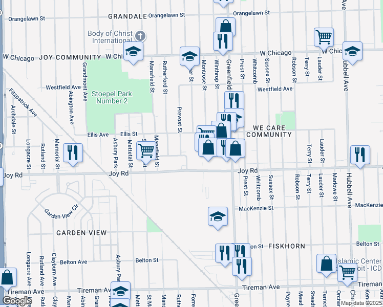 map of restaurants, bars, coffee shops, grocery stores, and more near in Detroit