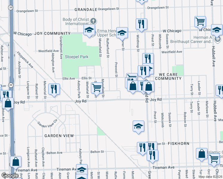 map of restaurants, bars, coffee shops, grocery stores, and more near 15860 Joy Road in Detroit