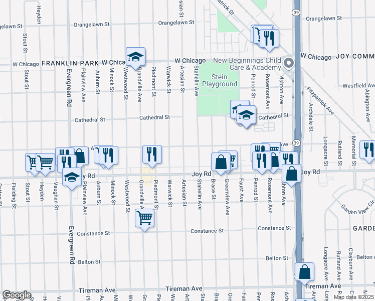 map of restaurants, bars, coffee shops, grocery stores, and more near 8844 Artesian Street in Detroit