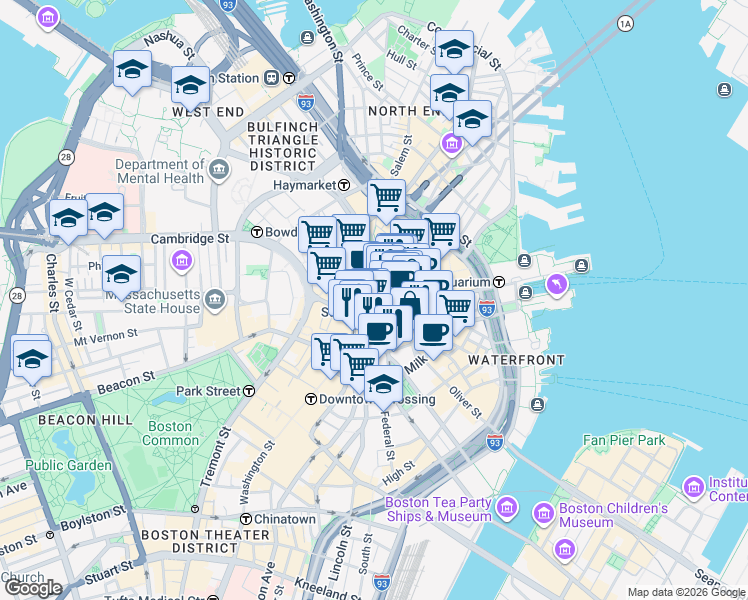 map of restaurants, bars, coffee shops, grocery stores, and more near 899 Congress Street in Boston