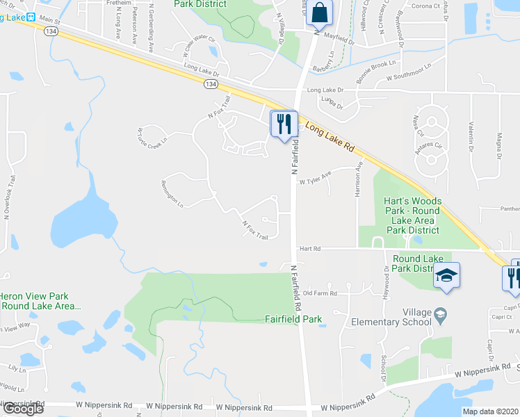 map of restaurants, bars, coffee shops, grocery stores, and more near 1301 West Black Wolf Road in Round Lake