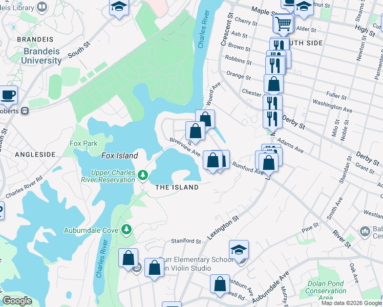 map of restaurants, bars, coffee shops, grocery stores, and more near 195 Riverview Avenue in Waltham
