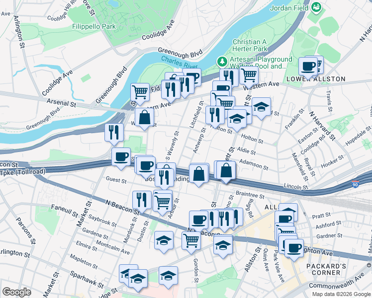 map of restaurants, bars, coffee shops, grocery stores, and more near 7 Antwerp Street in Boston