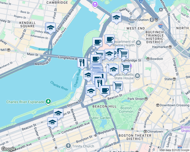 map of restaurants, bars, coffee shops, grocery stores, and more near 94 Pinckney Street in Boston