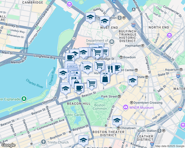 map of restaurants, bars, coffee shops, grocery stores, and more near 74 Myrtle Street in Boston