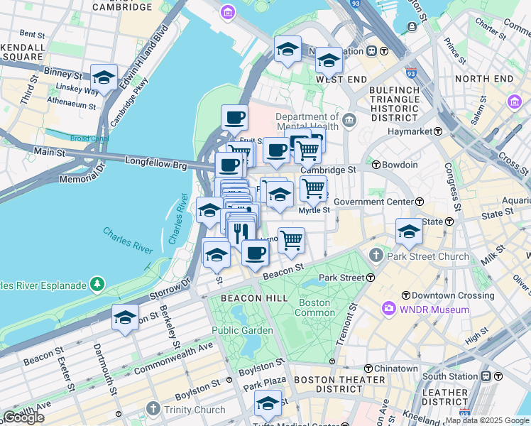 map of restaurants, bars, coffee shops, grocery stores, and more near 9 Louisburg Square in Boston