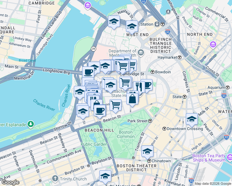 map of restaurants, bars, coffee shops, grocery stores, and more near in Boston