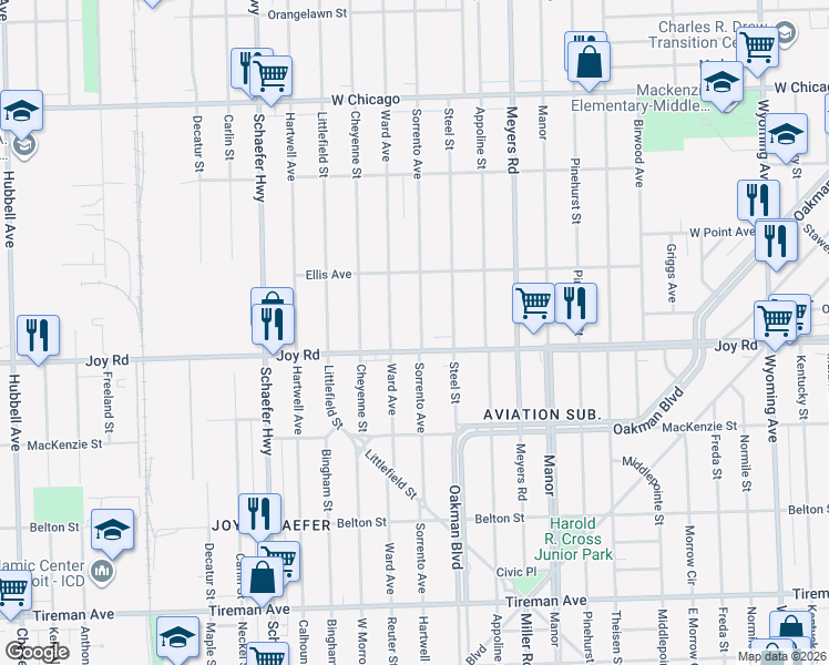 map of restaurants, bars, coffee shops, grocery stores, and more near 8835 Sorrento Avenue in Detroit