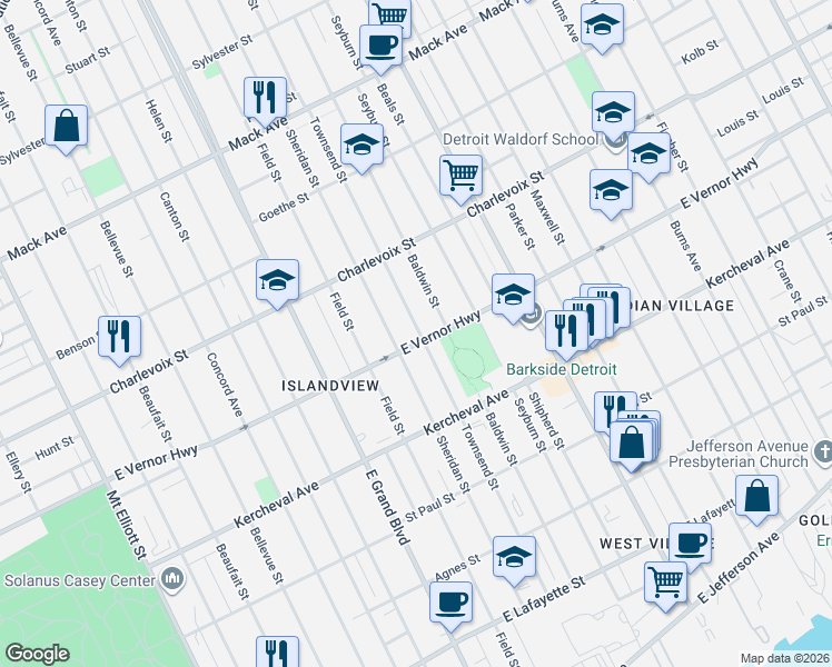 map of restaurants, bars, coffee shops, grocery stores, and more near 2238 Sheridan Street in Detroit