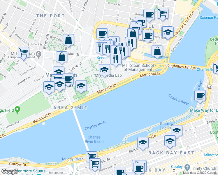 map of restaurants, bars, coffee shops, grocery stores, and more near Memorial Dr & Ames St in Mid-Cambridge