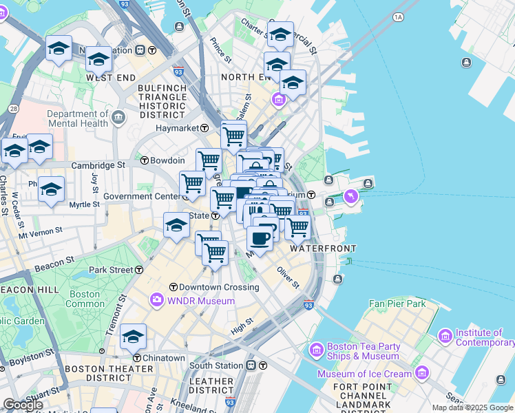 map of restaurants, bars, coffee shops, grocery stores, and more near 15 State Street in Boston
