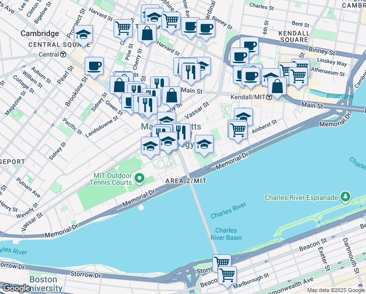 map of restaurants, bars, coffee shops, grocery stores, and more near 77 Massachusetts Avenue in Cambridge