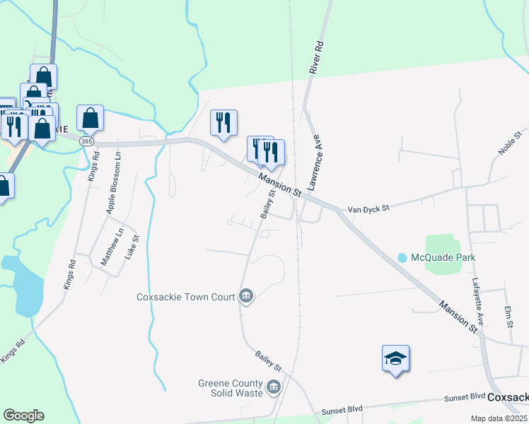 map of restaurants, bars, coffee shops, grocery stores, and more near 11 Bailey Street in Coxsackie