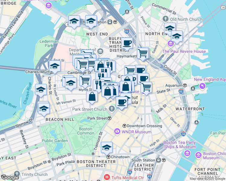 map of restaurants, bars, coffee shops, grocery stores, and more near 20 Somerset Street in Boston