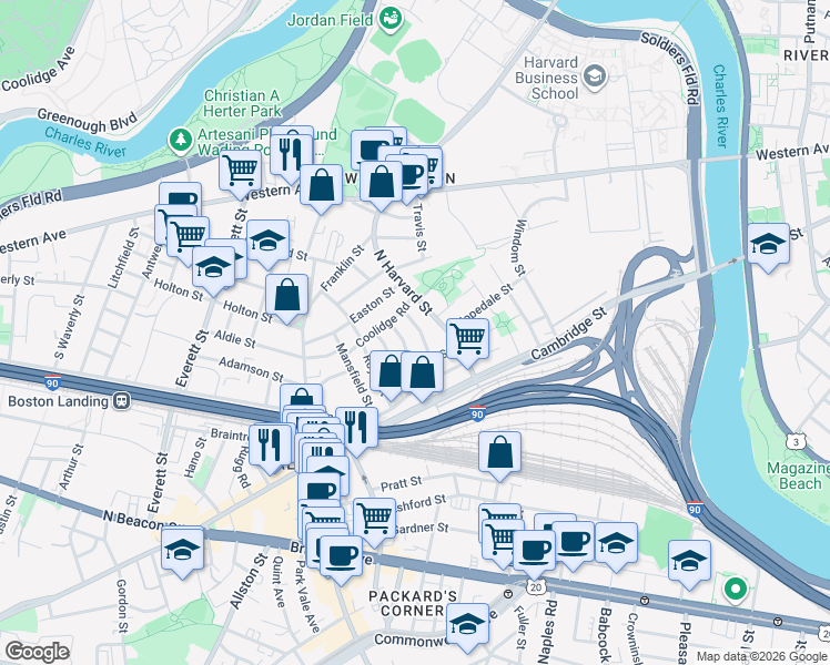 map of restaurants, bars, coffee shops, grocery stores, and more near 291 North Harvard Street in Boston