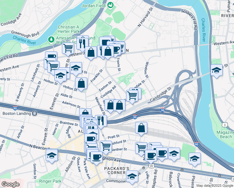 map of restaurants, bars, coffee shops, grocery stores, and more near 291 North Harvard Street in Boston