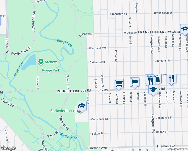 map of restaurants, bars, coffee shops, grocery stores, and more near 9001 Burt Road in Detroit