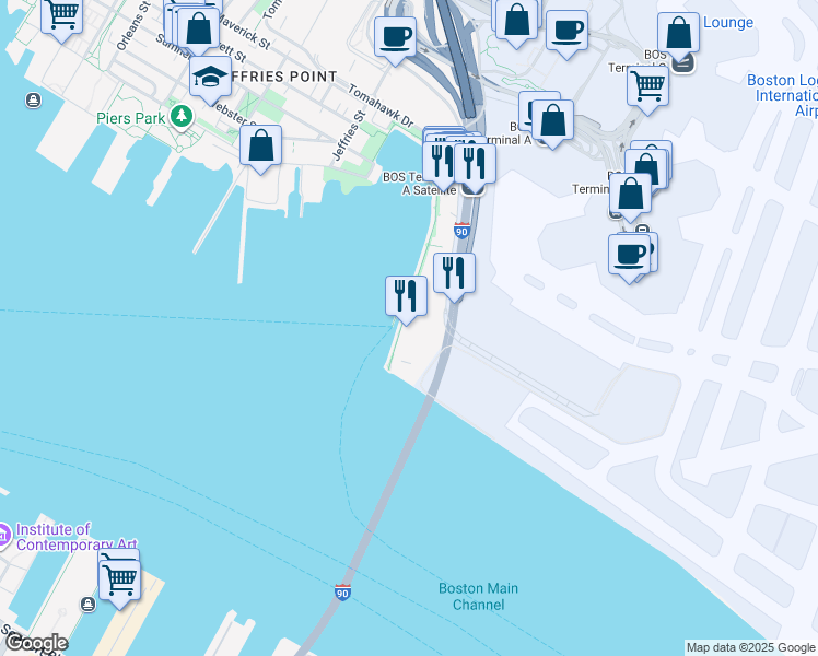 map of restaurants, bars, coffee shops, grocery stores, and more near 101 Harborside Drive in Boston
