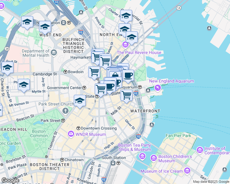 map of restaurants, bars, coffee shops, grocery stores, and more near South Market Street in Boston