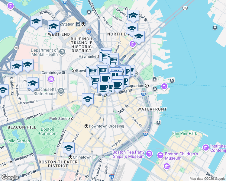 map of restaurants, bars, coffee shops, grocery stores, and more near 60 State Street in Boston