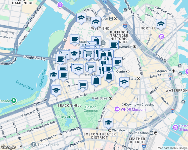 map of restaurants, bars, coffee shops, grocery stores, and more near 24 Joy Street in Boston