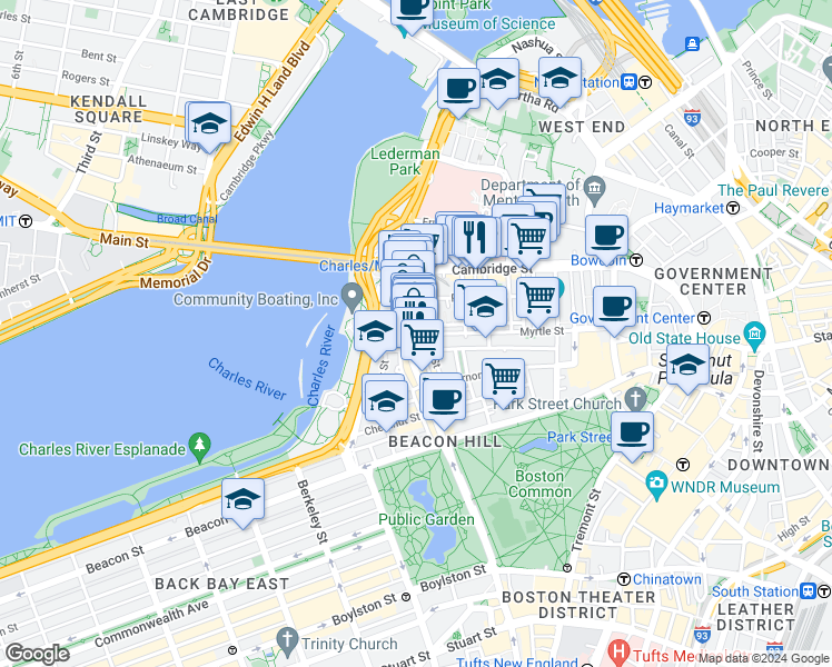 map of restaurants, bars, coffee shops, grocery stores, and more near 109 Charles Street in Boston
