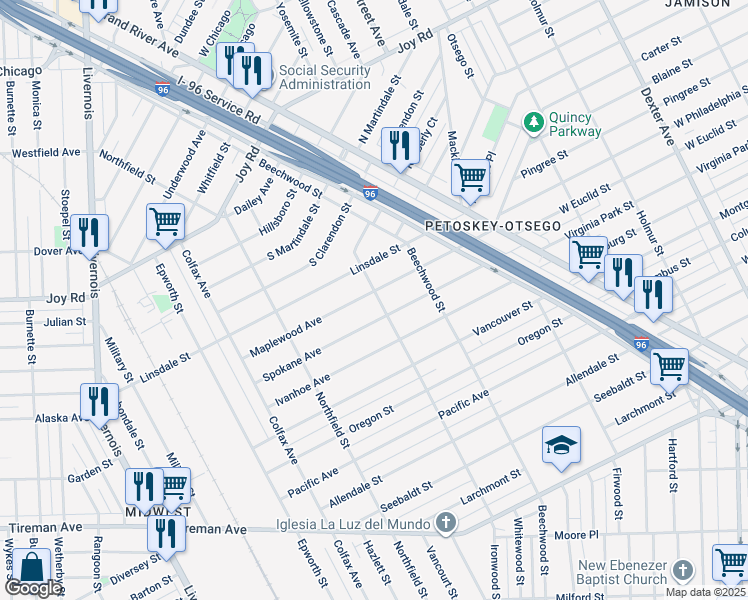 map of restaurants, bars, coffee shops, grocery stores, and more near 5205 Linsdale Street in Detroit