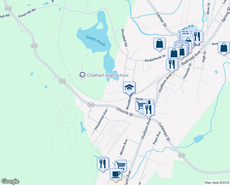 map of restaurants, bars, coffee shops, grocery stores, and more near School Road in Chatham