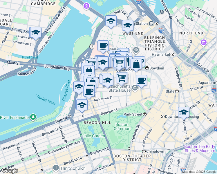 map of restaurants, bars, coffee shops, grocery stores, and more near 45 1/2 Garden Street in Boston