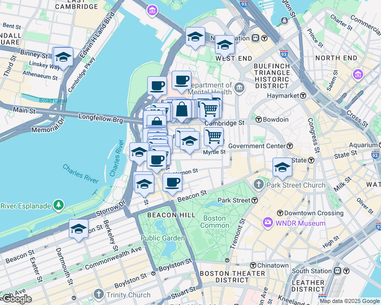 map of restaurants, bars, coffee shops, grocery stores, and more near 95 Myrtle Street in Boston