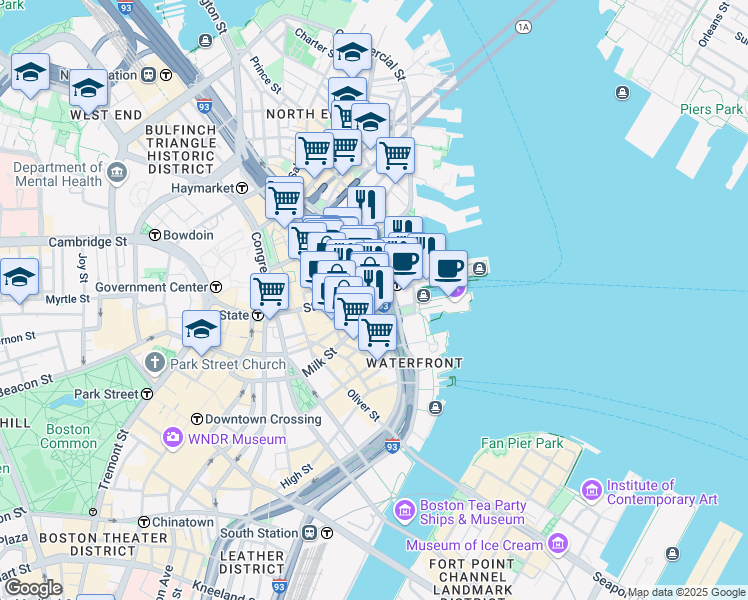 map of restaurants, bars, coffee shops, grocery stores, and more near 200 Atlantic Avenue in Boston