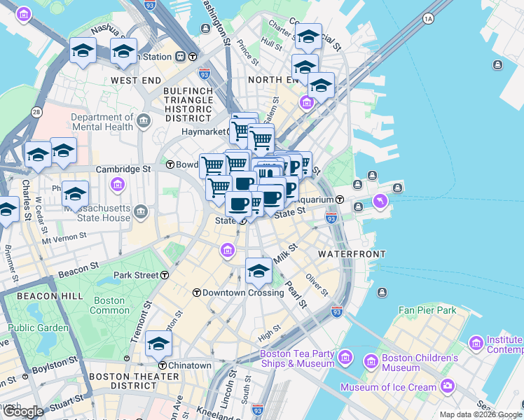 map of restaurants, bars, coffee shops, grocery stores, and more near 1 Faneuil Hall Square in Boston