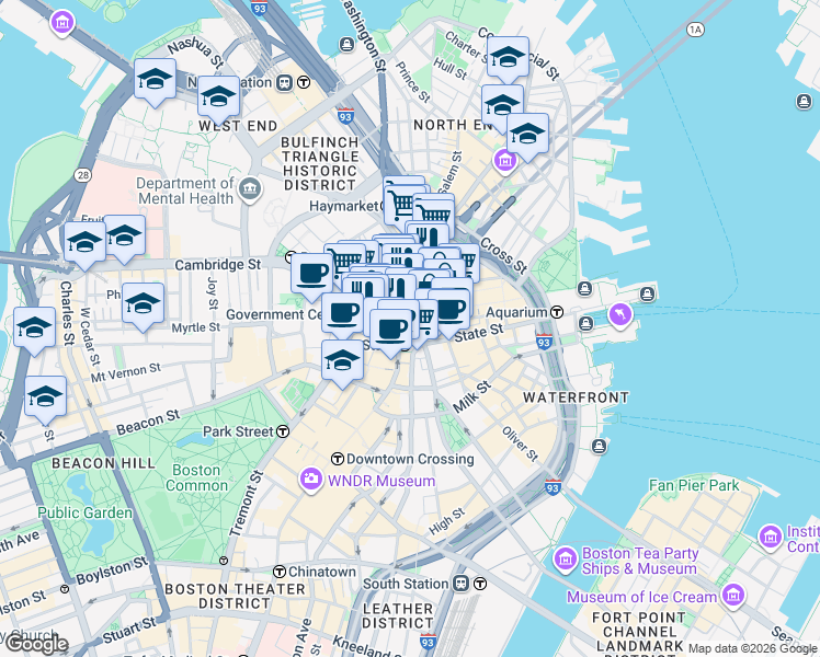 map of restaurants, bars, coffee shops, grocery stores, and more near 2-84 Cornhill in Boston
