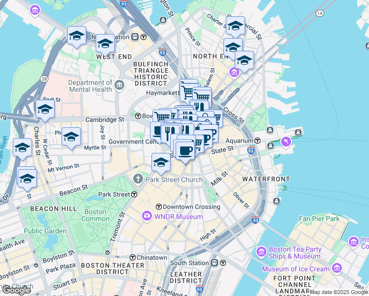 map of restaurants, bars, coffee shops, grocery stores, and more near 2-84 Cornhill in Boston