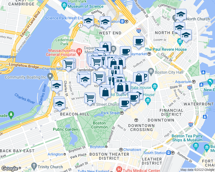 map of restaurants, bars, coffee shops, grocery stores, and more near in Boston