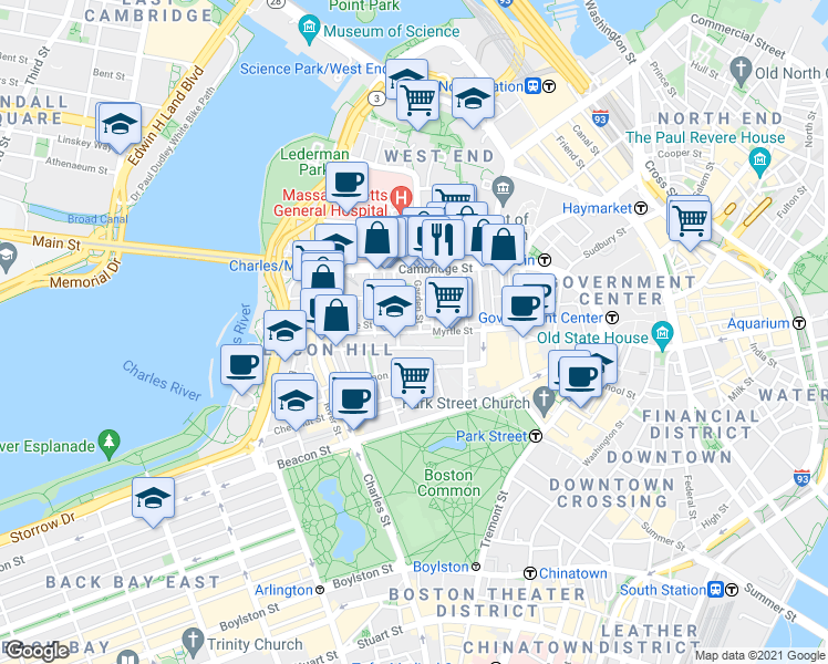 map of restaurants, bars, coffee shops, grocery stores, and more near 45 1/2 Garden Street in Boston