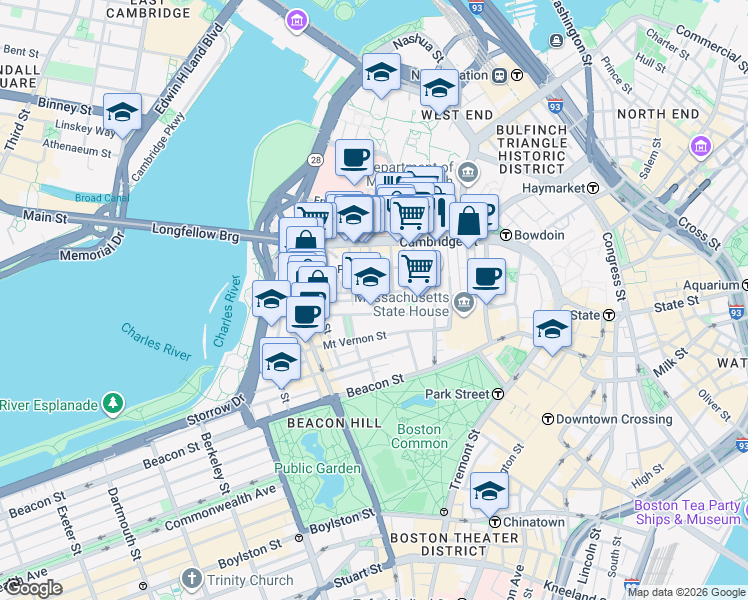 map of restaurants, bars, coffee shops, grocery stores, and more near 45 1/2 Garden Street in Boston