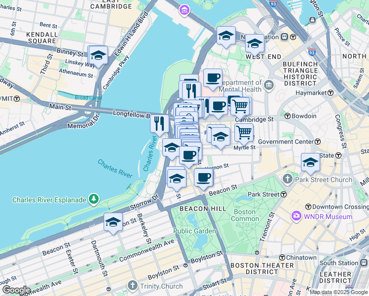 map of restaurants, bars, coffee shops, grocery stores, and more near 6 Charles River Square in Boston