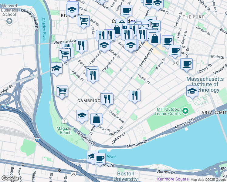 map of restaurants, bars, coffee shops, grocery stores, and more near 181 Erie Street in Cambridge