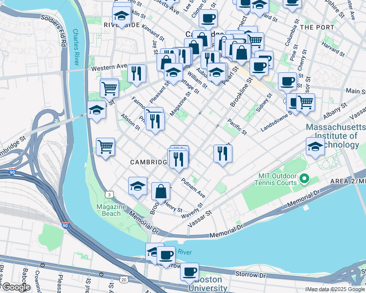 map of restaurants, bars, coffee shops, grocery stores, and more near 181 Erie Street in Cambridge