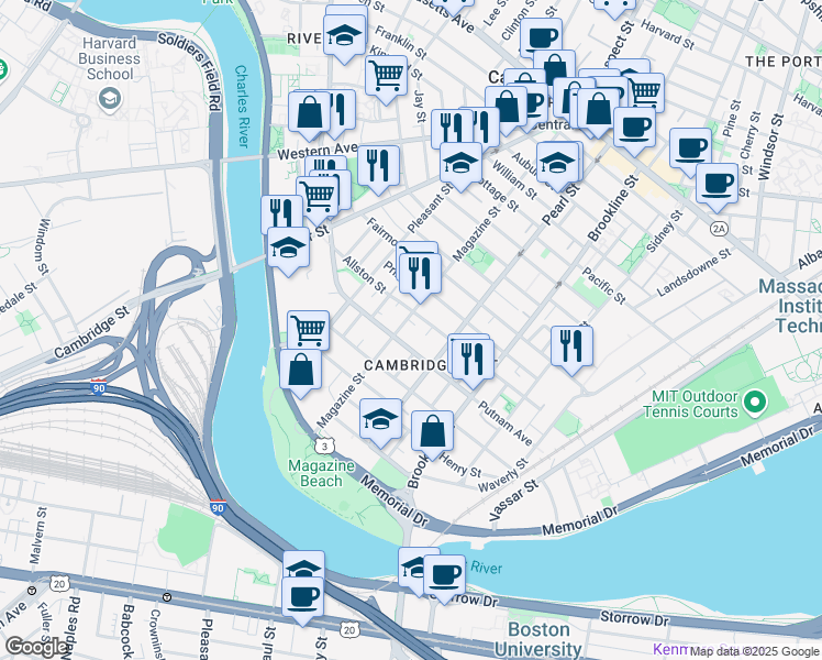 map of restaurants, bars, coffee shops, grocery stores, and more near 111 Magazine Street in Cambridge