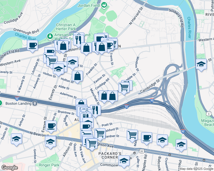 map of restaurants, bars, coffee shops, grocery stores, and more near 24 Easton Street in Brookline